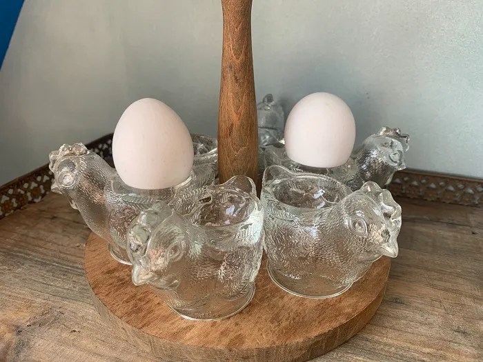 SOLDOUTオランダ 50s ルースター ガラス 6つ 木製スタンド ヴィンテージエッグホルダー・スタンド 【オランダから直送