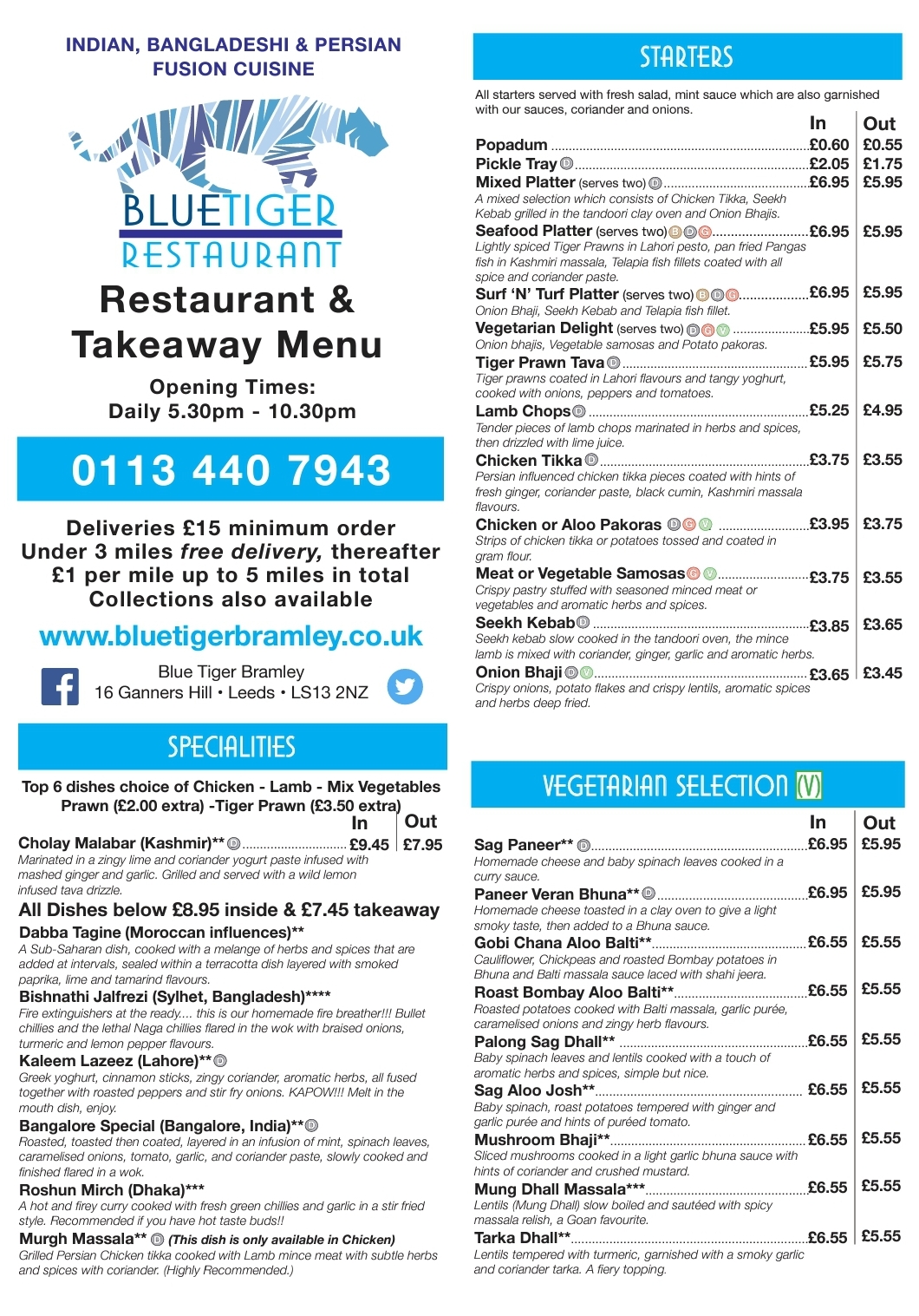 Menu Blue Tiger Restaurant, Bramley Get 10 off on online orders.