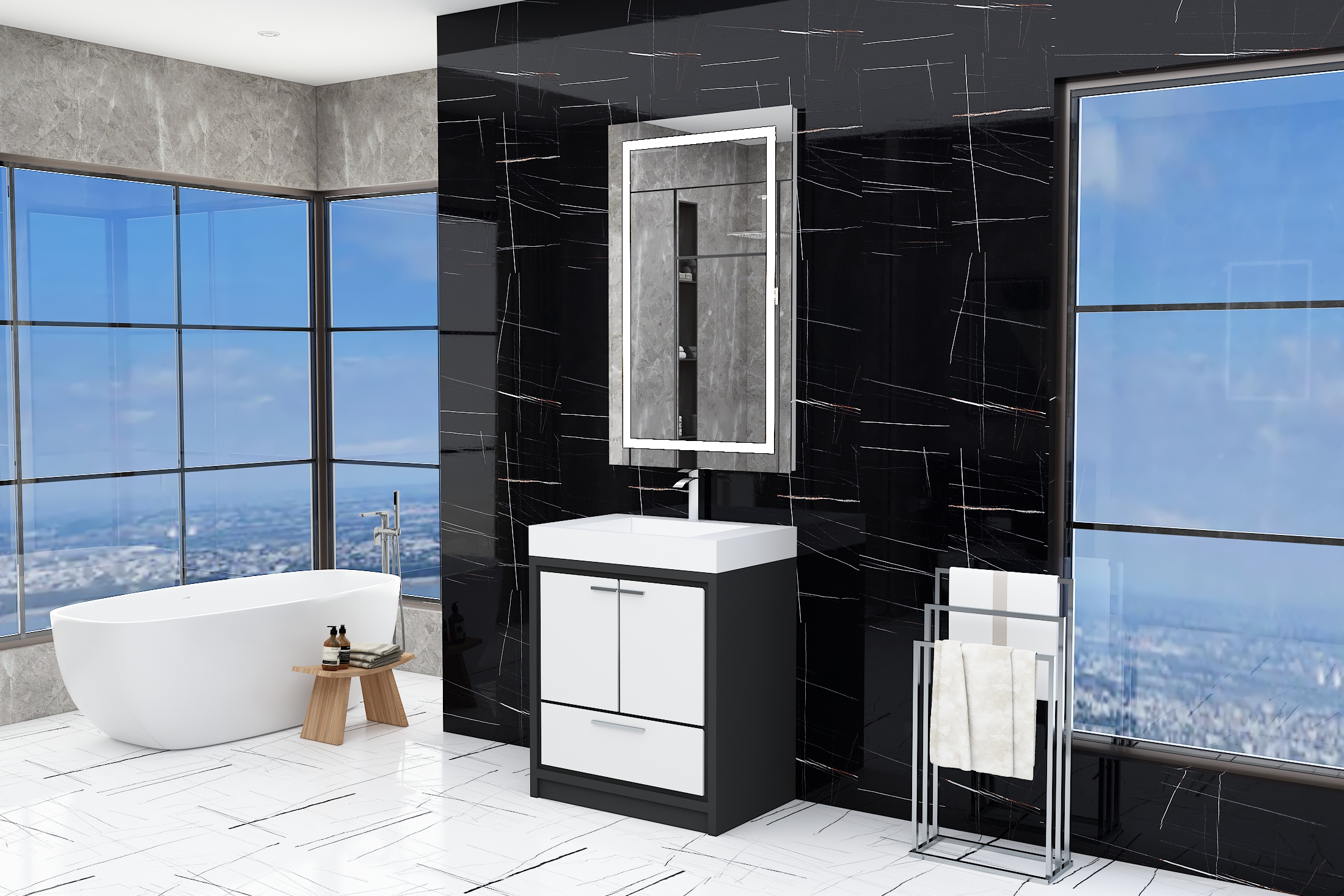 AURA 30″ Freestanding Antrachite White Color with Solid Surface Top