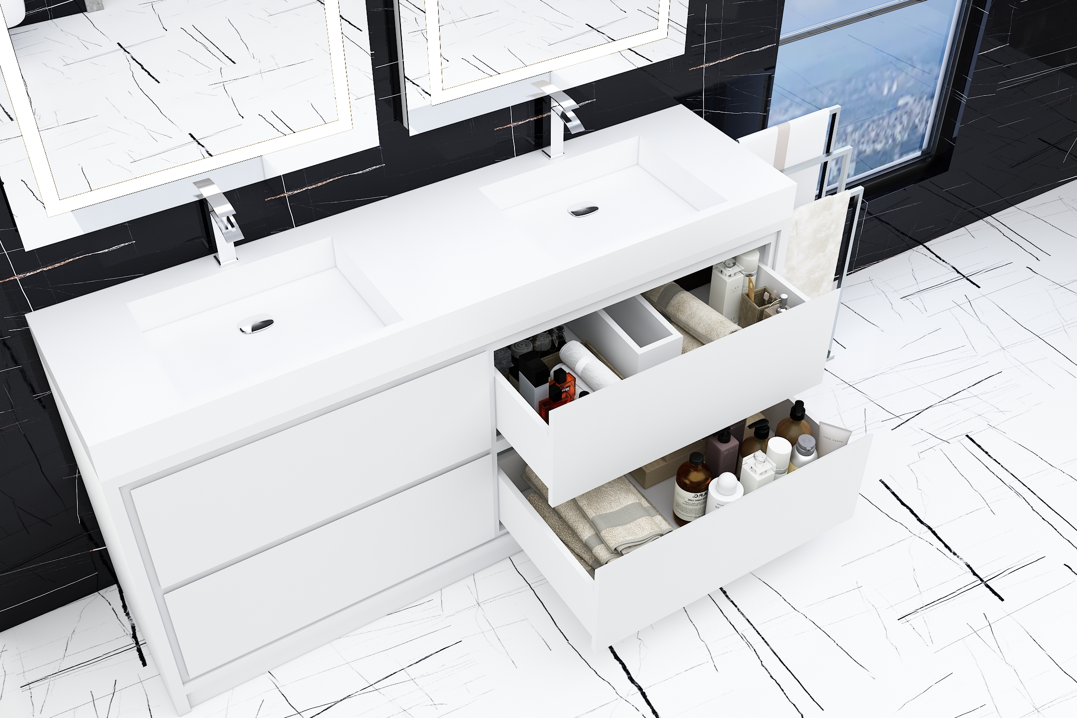 AURA 72″ Freestanding White Color with Solid Surface Top Blume Bath