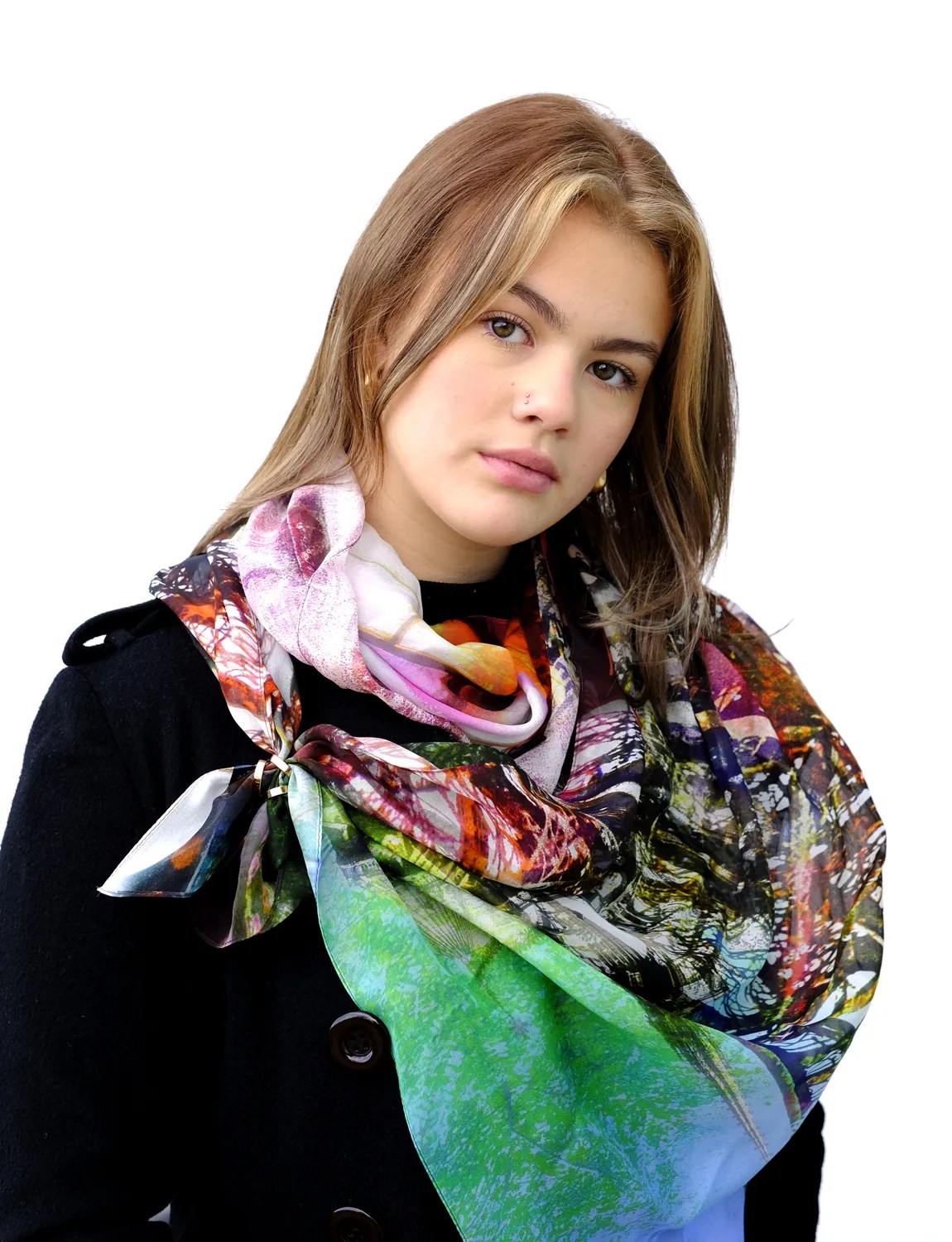 Silk Chiffon Scarf "Paris Montage" 180cmX65cm. Bluyonda Silk Scarves
