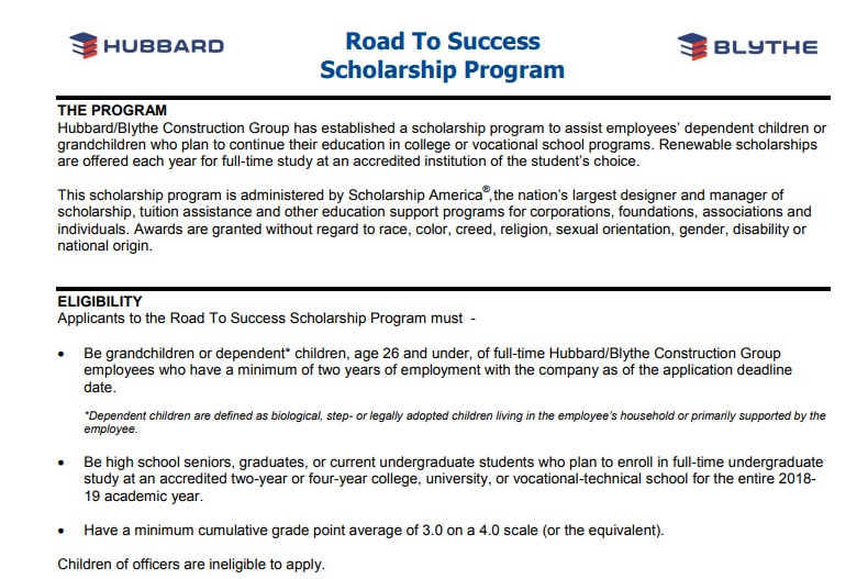 2018 Hubbard Group Scholarship Blythe Construction