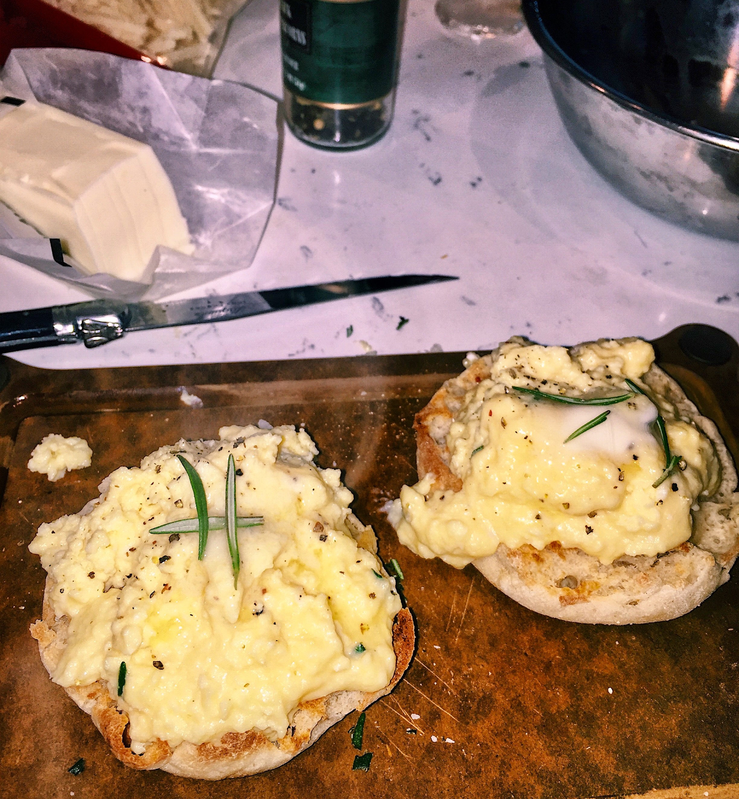 Scrambled Eggs, Gruyère Cheese, and Rosemary on English Muffins