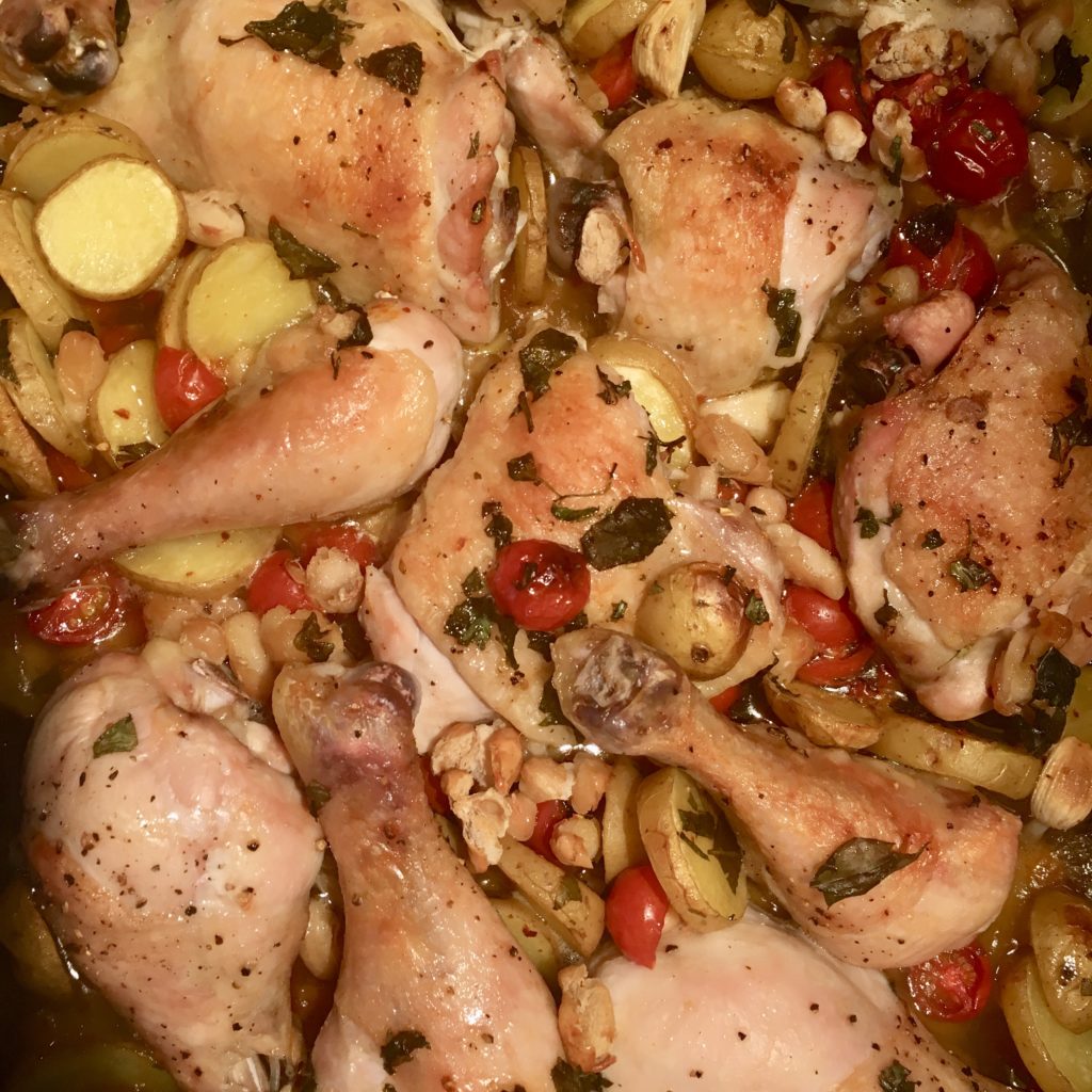 Jamie Oliver’s Tender & Crisp Chicken Legs with Sweet Tomatoes & Basil
