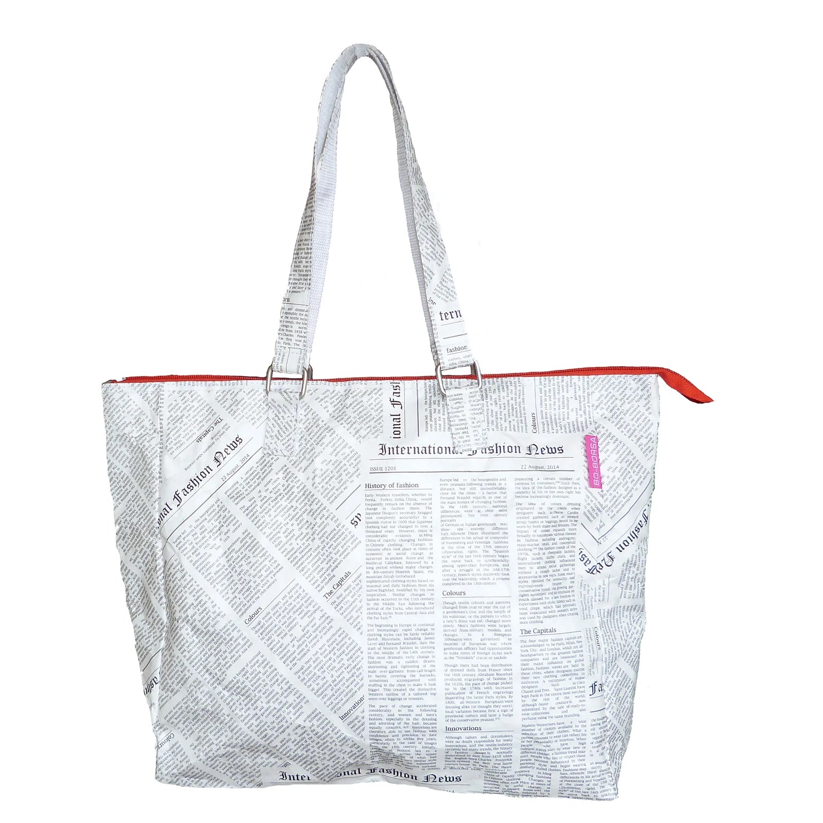 TOTE BAG Tyvek® Newspaper Print Design with Red Zip Boborsa