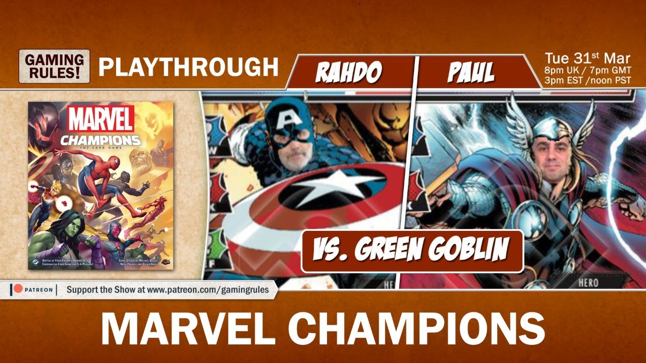 Marvel Champions Rahdo and Paul Grogan vs. Green Goblin Boardgame