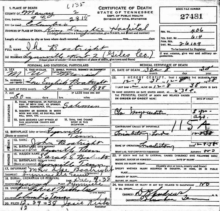 Isaac W. "Ike" Boatright Death Certificate