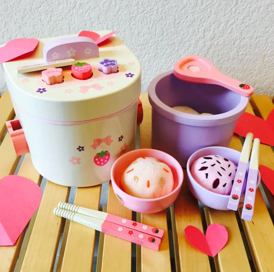 Asian Rice Cooker Toddler Wooden Play Set Boba Bear Bilingual