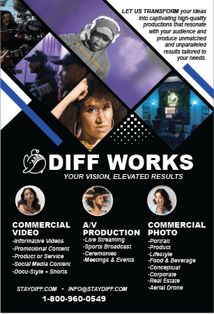 Front of 4"x6" card. Montage of company photos laid out in a square diamond pattern. Lists of services in three different sections headed by portraits (work examples) in circular frames.