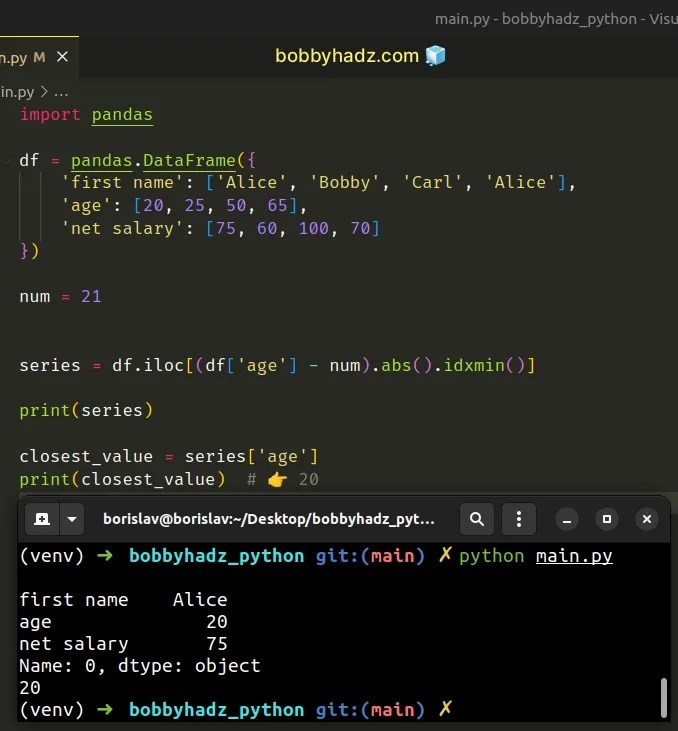 Pandas Find the closest value to a Number in a Column bobbyhadz