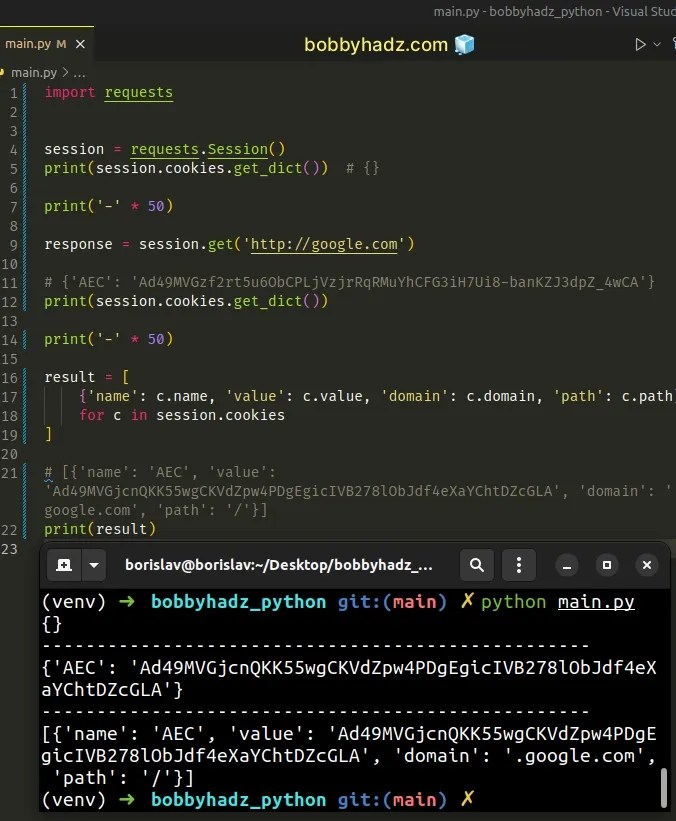 Python How to get and set Cookies when using Requests bobbyhadz