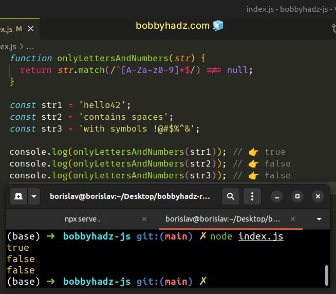 Check if String contains only Letters and Numbers in JS bobbyhadz