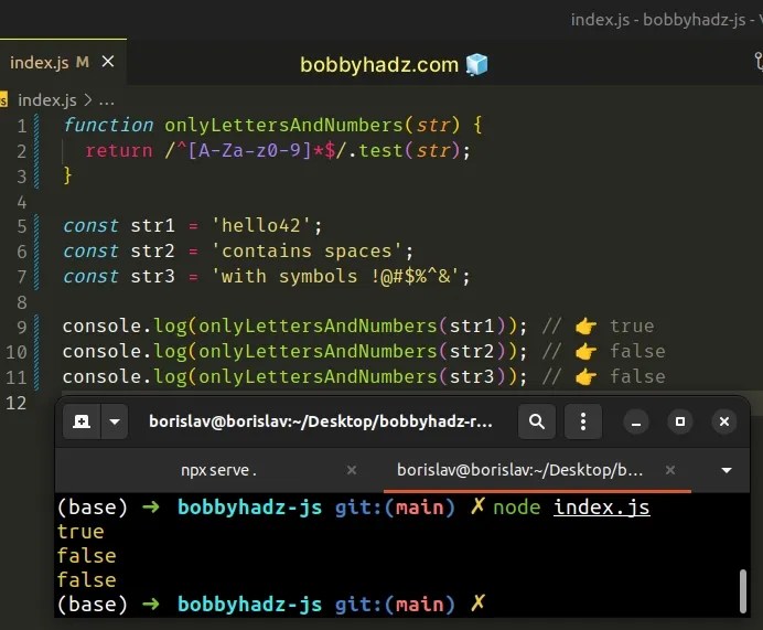 Check if String contains only Letters and Numbers in JS bobbyhadz