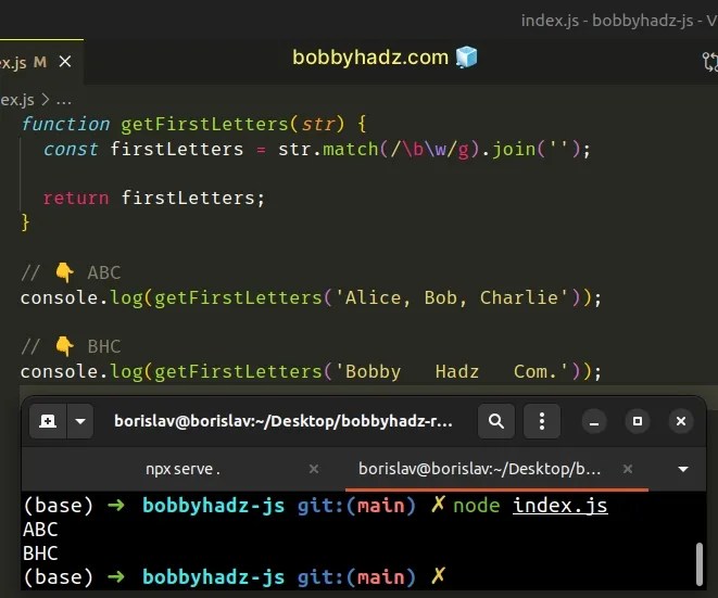 Get first letter of each Word in a String in JavaScript bobbyhadz