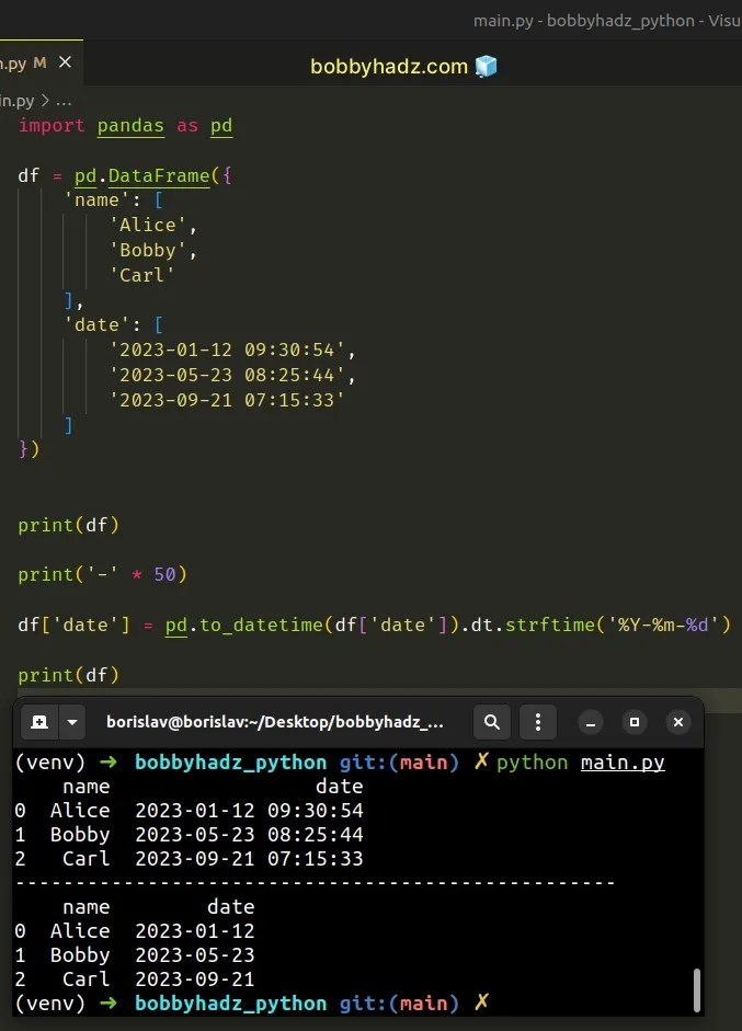 How to remove Time from DateTime in Pandas [5 Ways] bobbyhadz