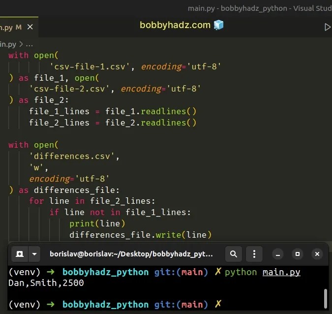 Python Compare two CSV files and print the differences bobbyhadz
