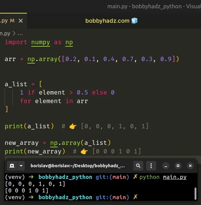 Convert a NumPy array to 0 or 1 based on threshold in Python bobbyhadz