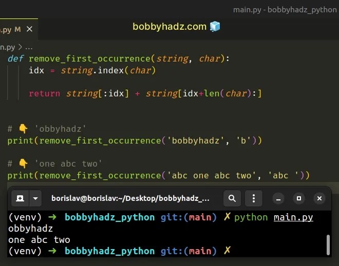 Remove first occurrence of character from String in Python bobbyhadz
