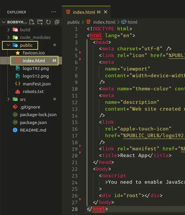 React Could not find a required file. Name index.html bobbyhadz