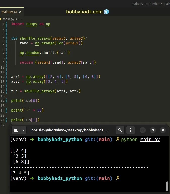How to shuffle two NumPy Arrays the same way (in Unison) bobbyhadz