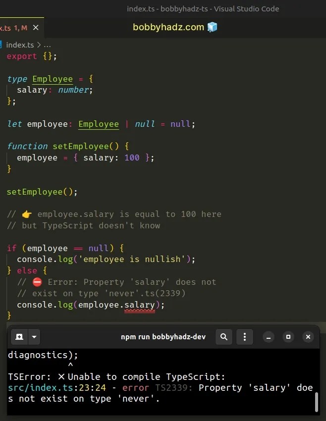 Property does not exist on type 'never' in TypeScript bobbyhadz