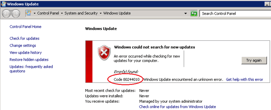 WSUS Windows Error 0x80244010 - Causes and fix