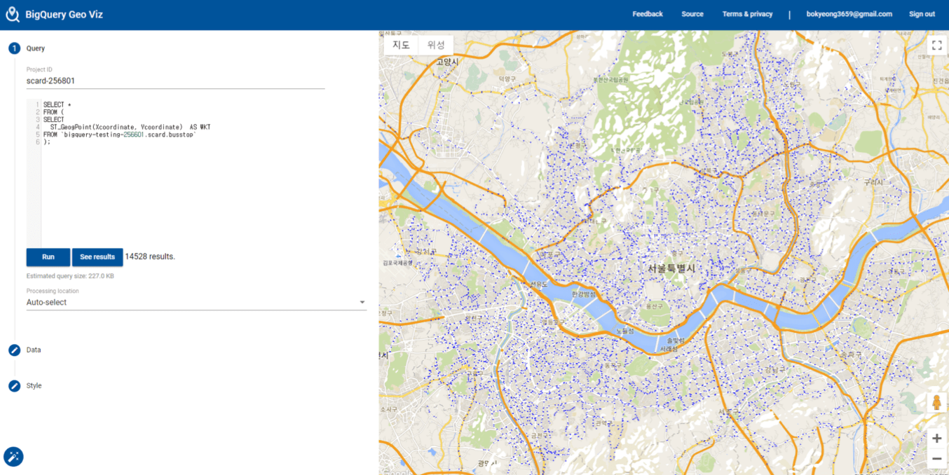 빅쿼리(BigQuery) Geo Viz 사용하기 bokyeoning