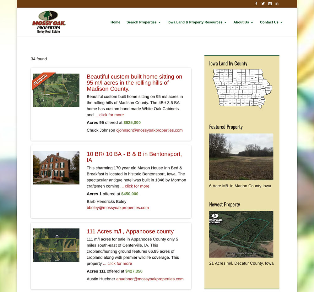 Mossy Oak Properties Boley Real Estate site Bold Print Design Studio