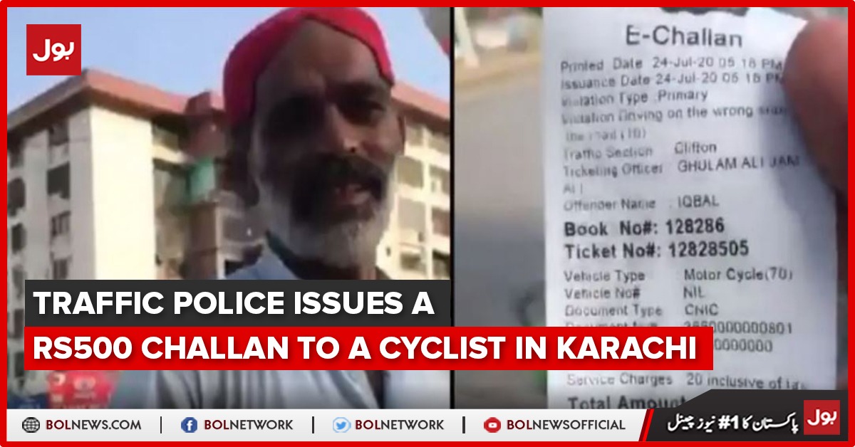 Traffic police issues a Rs500 challan to a cyclist in Karachi