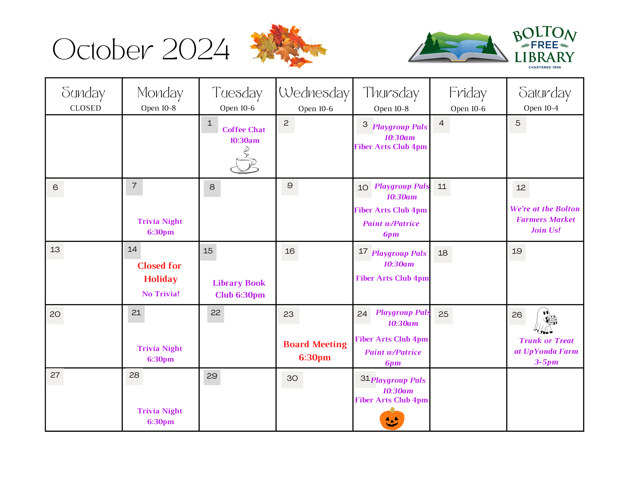 The Library Monthly Calendar Bolton Free Library