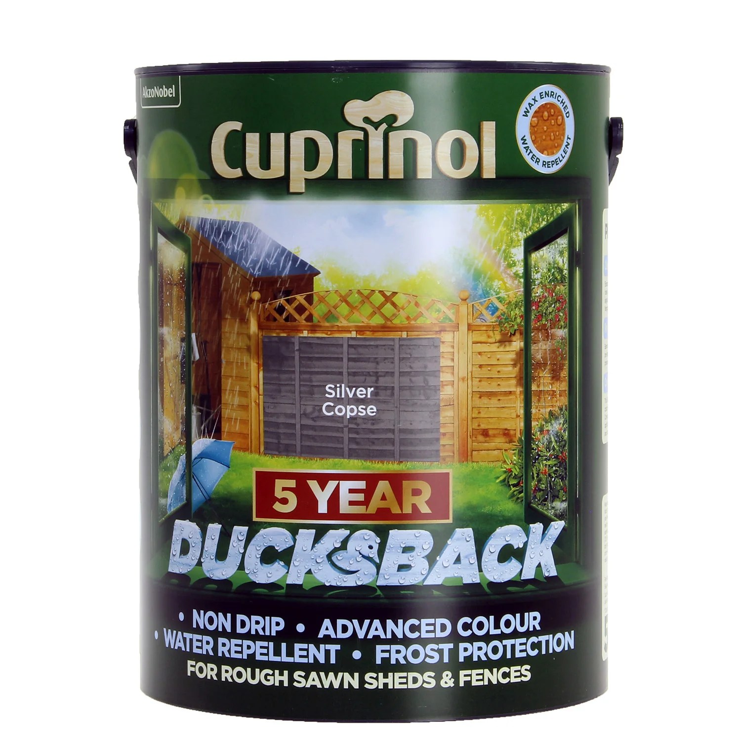 Cuprinol 5 Litre Ducksback Weatherproof Fence Paint Silver Copse