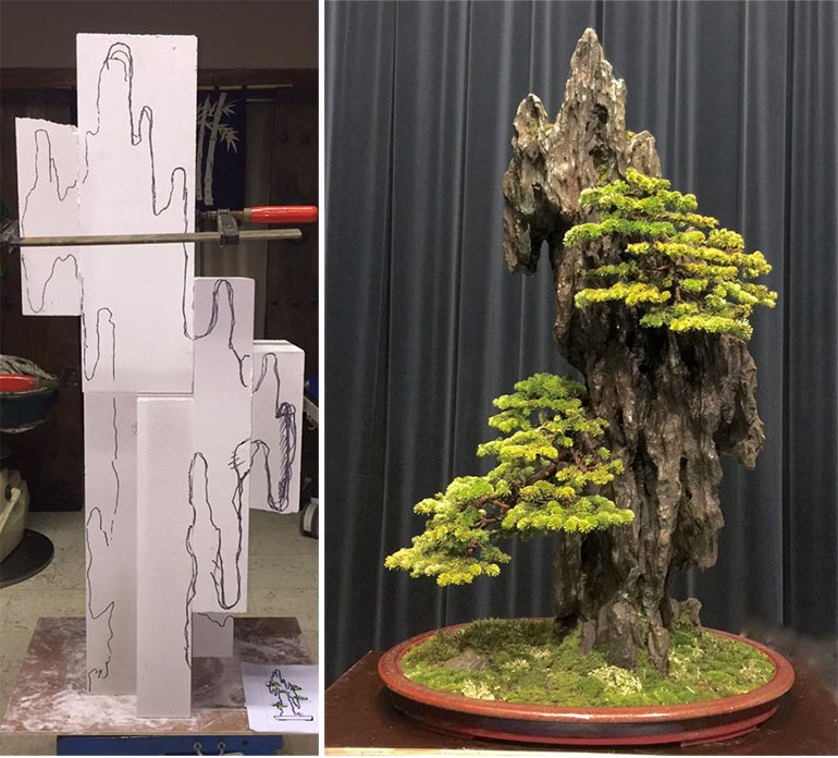 Bonsai on a Man Made Rock from Scratch Bonsai Bark