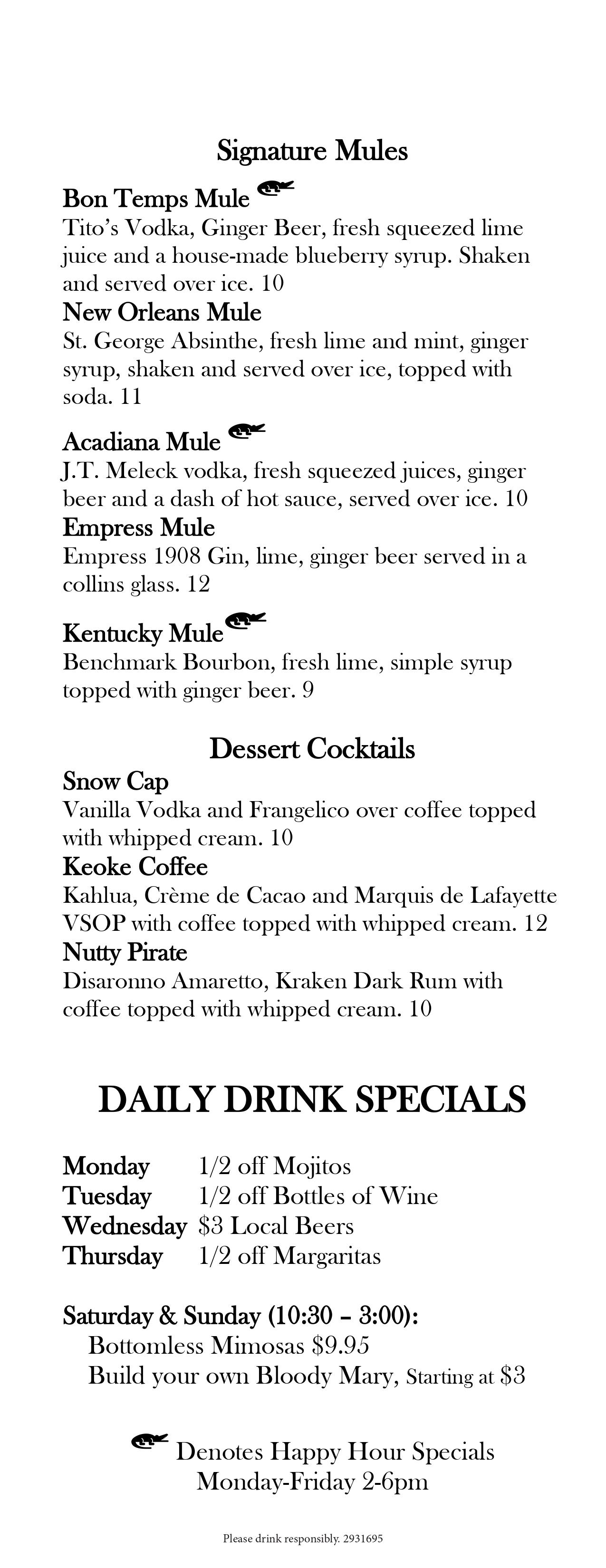 Cocktails & Martinis Menu Bon Temps Grill