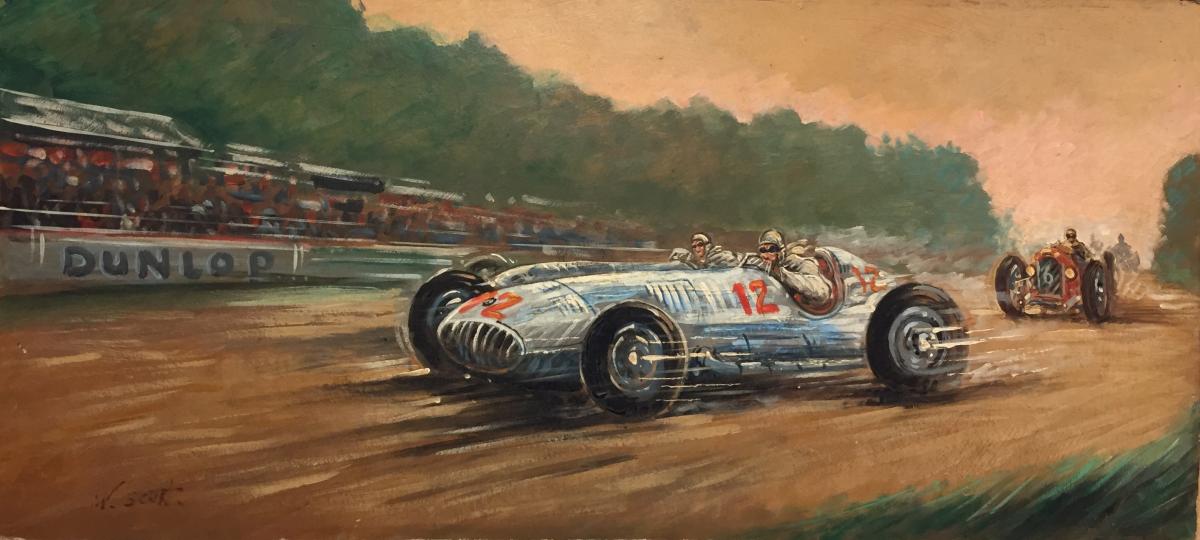 Two stunning race car oil paintings by Robert de La Rivière (Rob Roy)