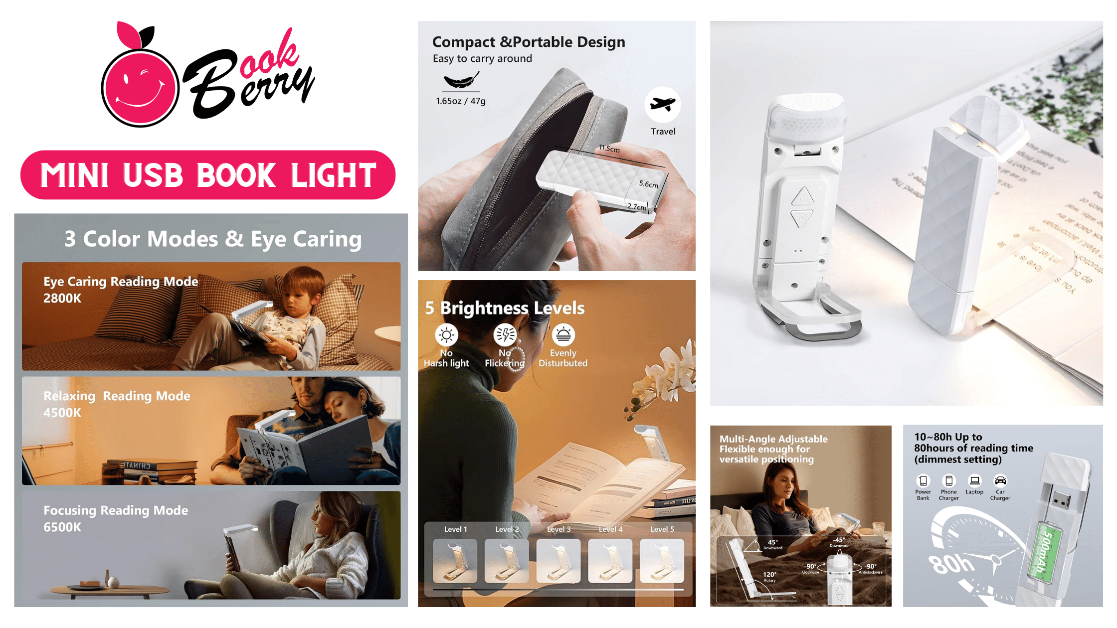 Mini USB Book Light Bookmark for Comfortable Bedtime Reading in