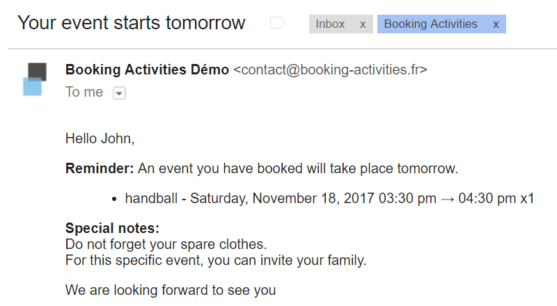 Notification Pack Booking Activities