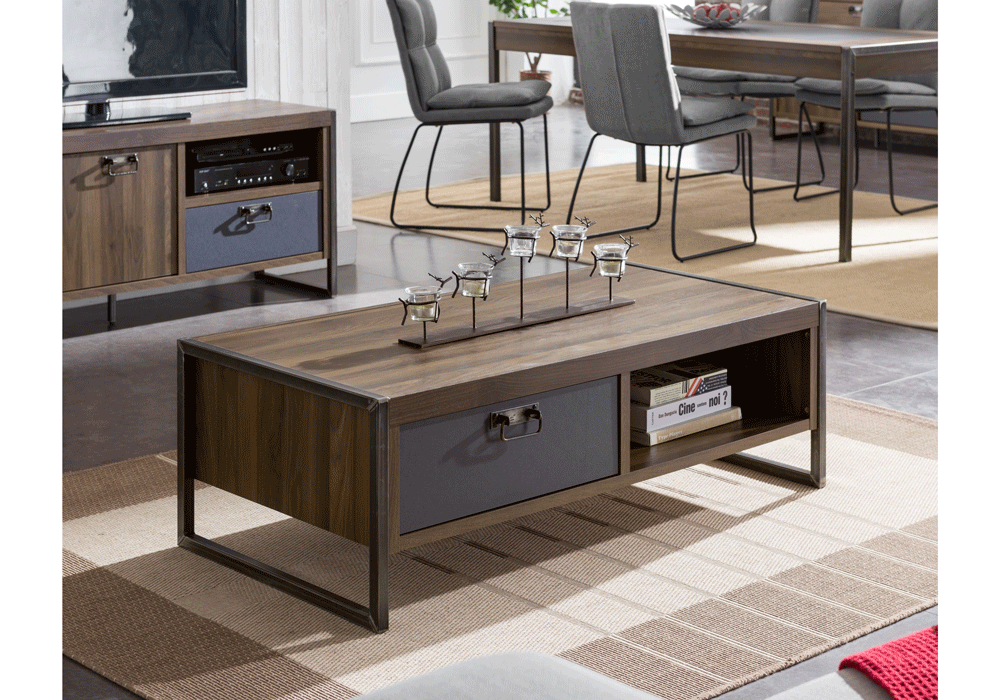 INDUSCHIC Table basse style industriel décor noyer L 122 x l 60 cm