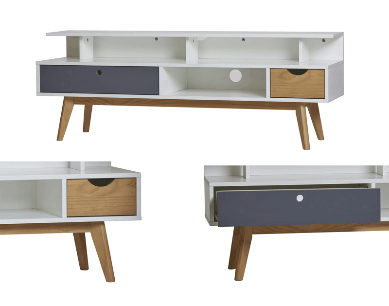 LISS Meuble TV 2 tiroirs en pin massif Blanc et gris