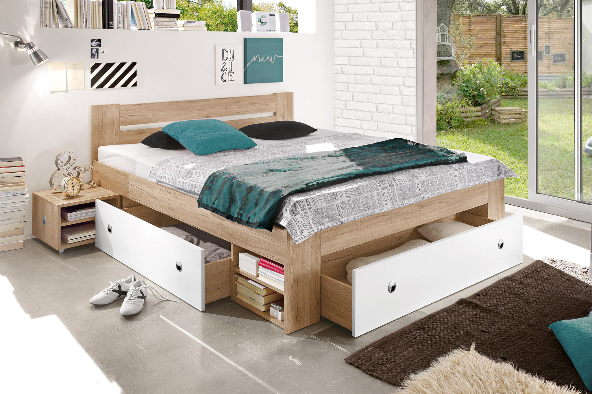 Lit Adulte 140x190cm avec tiroir Melamine Bois/Blanc sans sommier