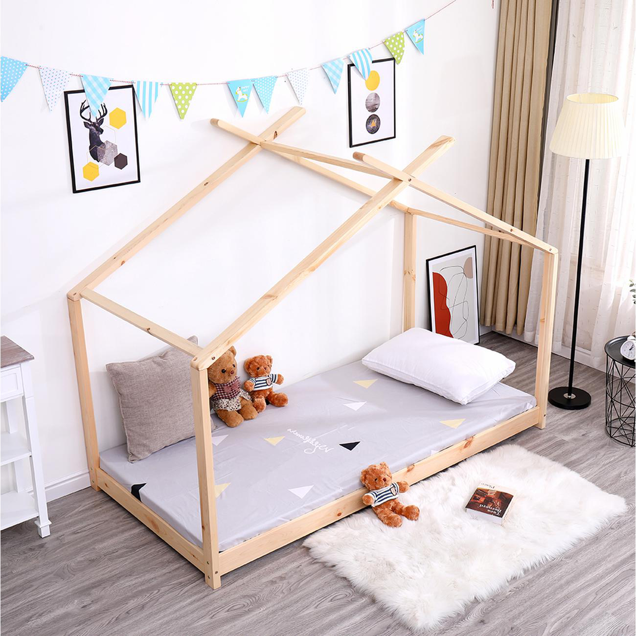 Lit cabane enfant Bois pin massif Naturel Sommier