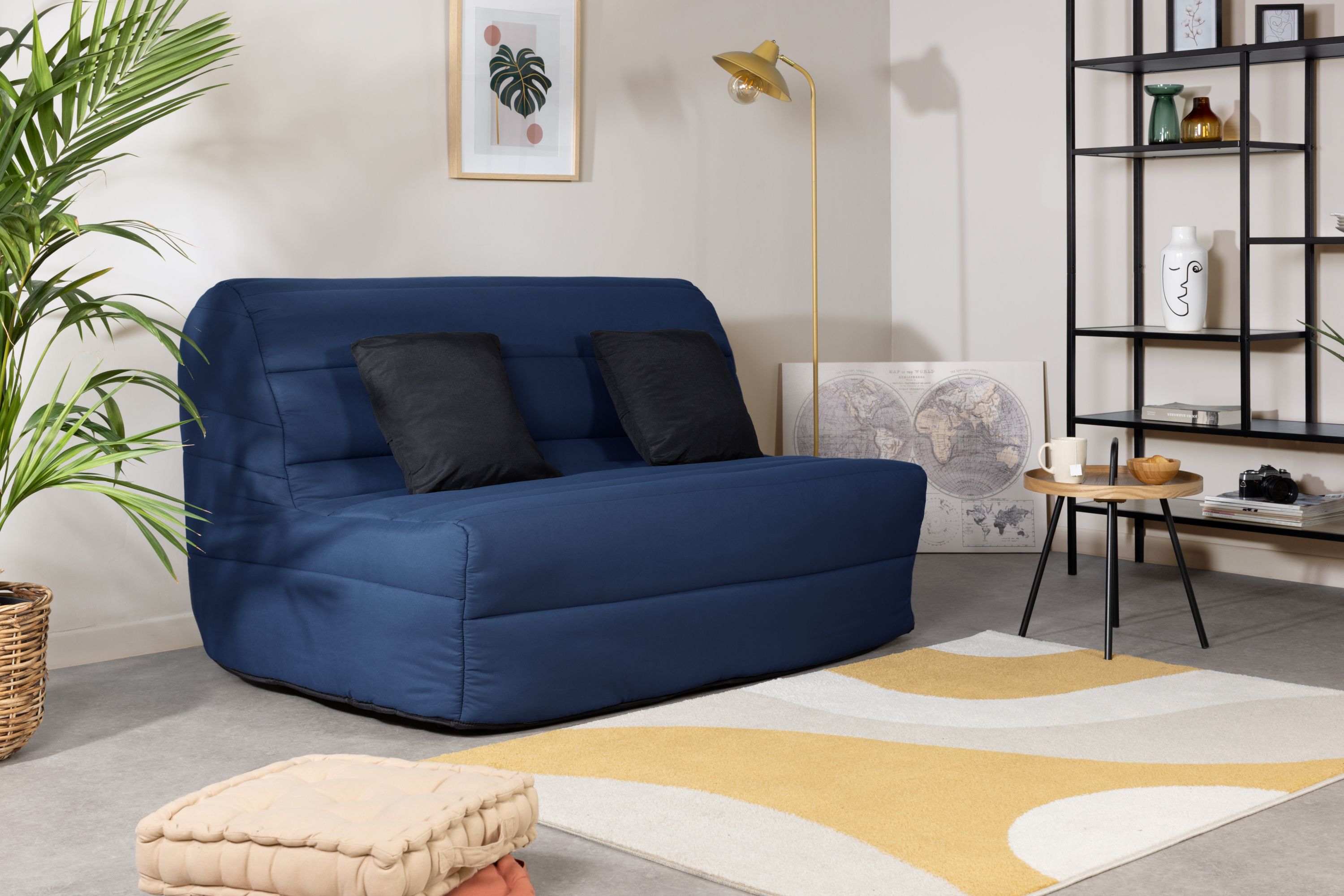 DUNLOPILLO Banquette BZ Tissu Marine + 2 coussins noir L 140 x P 99