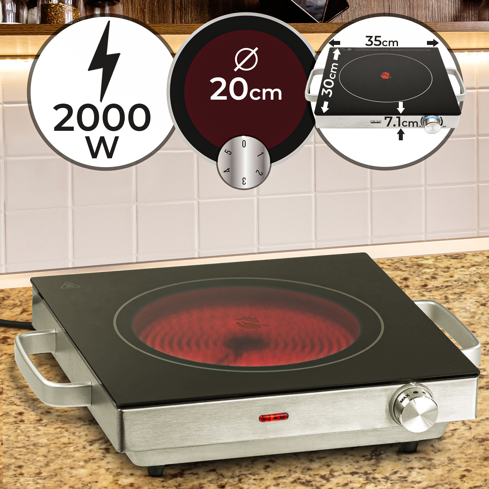 Jago® Plaque de Cuisson Portable, Infrarouge, 2000 W, Ø 20 cm