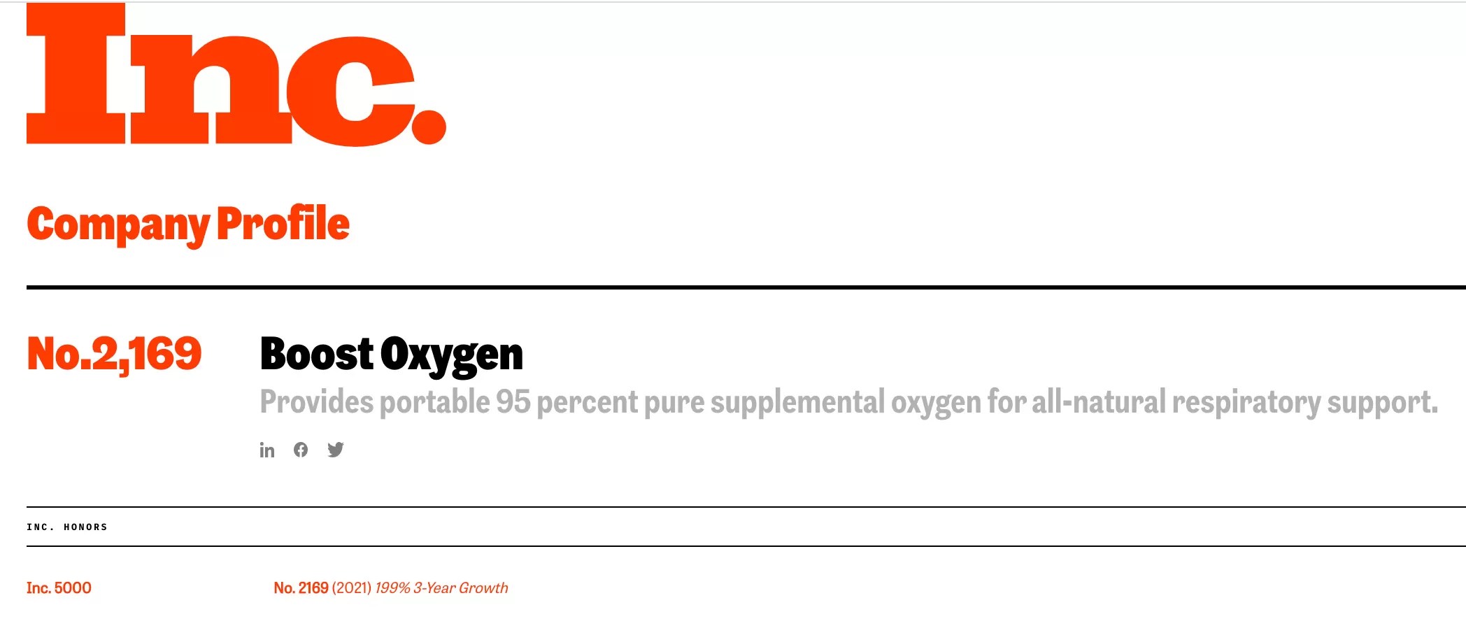 Boost Oxygen recognized as one of America’s FastestGrowing Companies