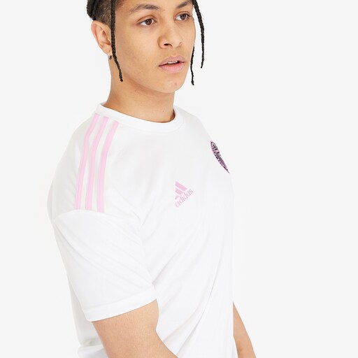 pink and white adidas shirt