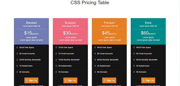ColorFull Bootstrap Pricing Table Bootstrap Themes