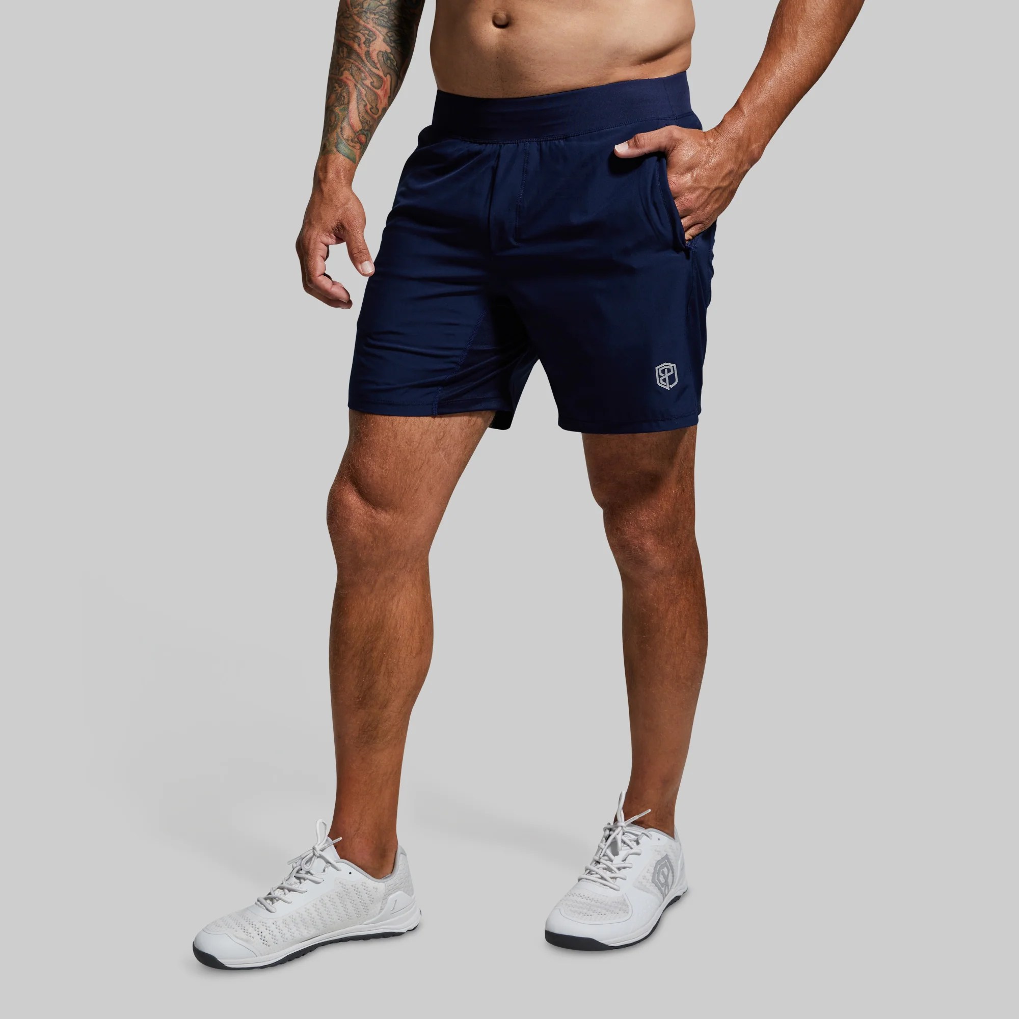 Men's Navy Blue Athletic Shorts with Compression Liner Born Primitive