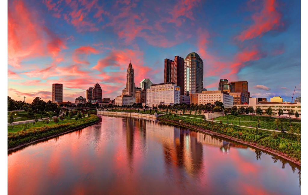 Evening Columbus Ohio skyline along the Scioto River at dusk Borror