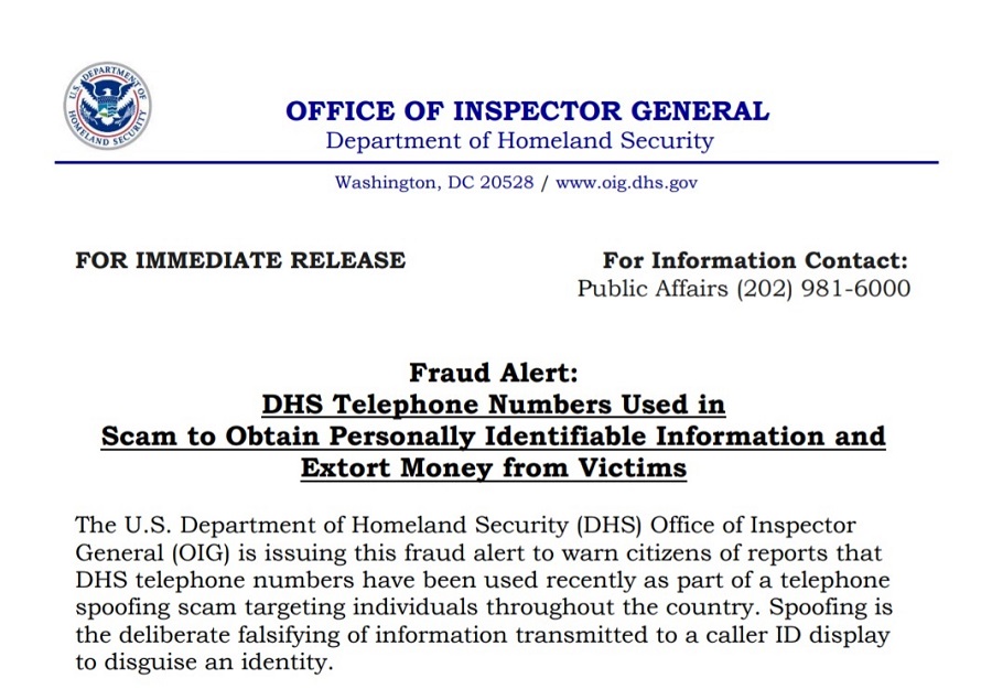 Fraud Alert DHS Telephone Numbers Used in Scam