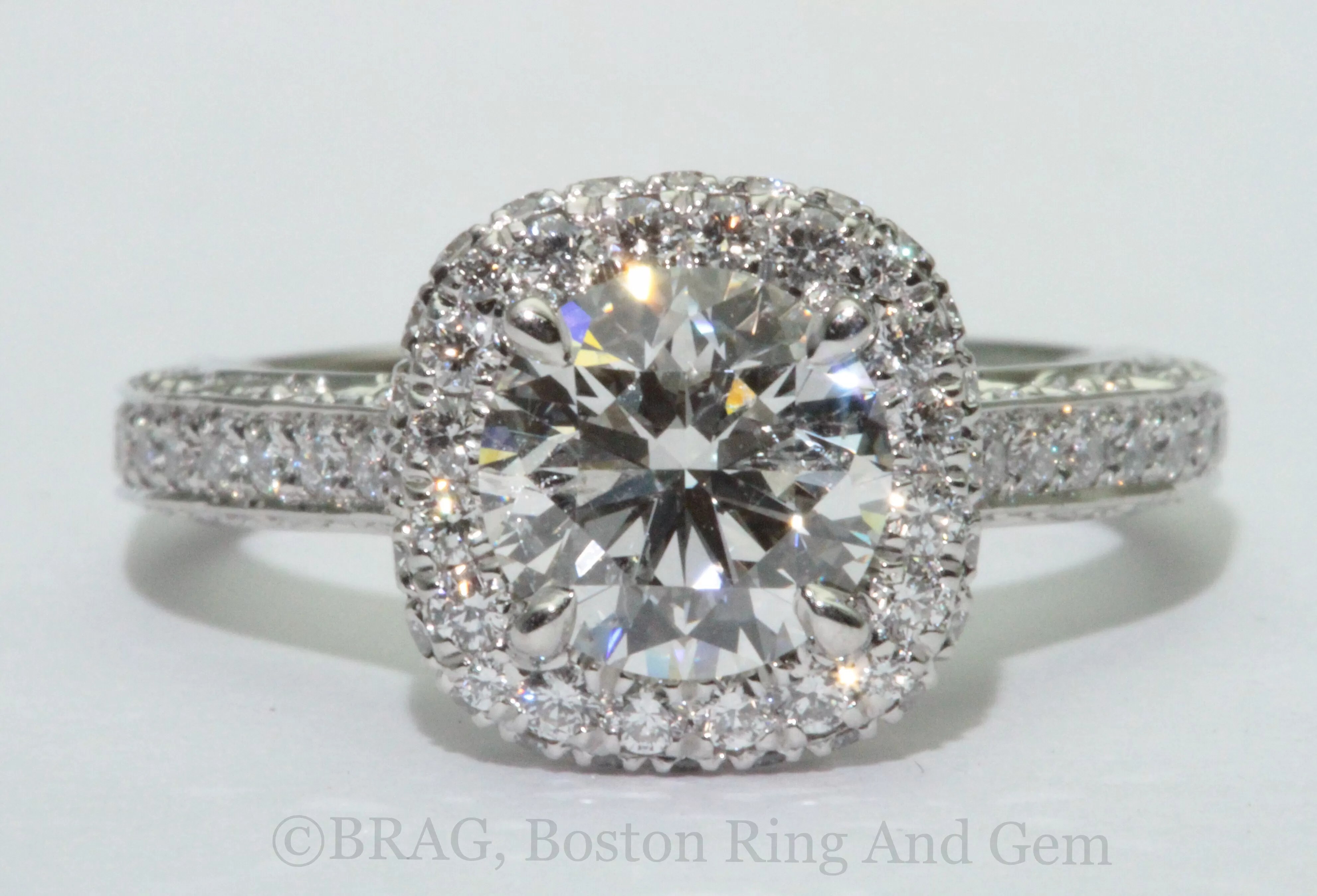 Vintage antique cushion platinum diamond halo engagement ring Boston
