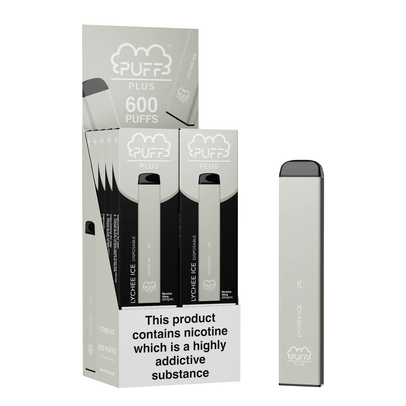 PUFF BAR PLUS LYCHEE ICE 600 PUFF DISPOSABLE VAPE (Pack of 10